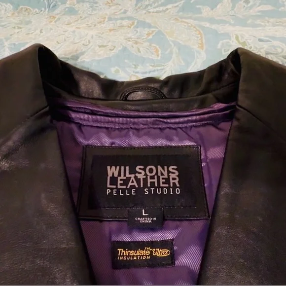 Wilson’s Leather Pelle Studio blk leather duster coat, lrg, purple liner, nice! - Picture 3 of 13